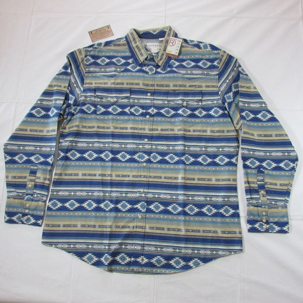 Roper Men's XXL Long Sleeve Aztec Blanket Print Snap Shirt - Blue